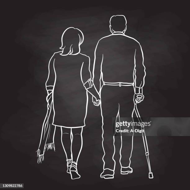 mature and elegant couple chalkboard - middle aged couple walking stock illustrations