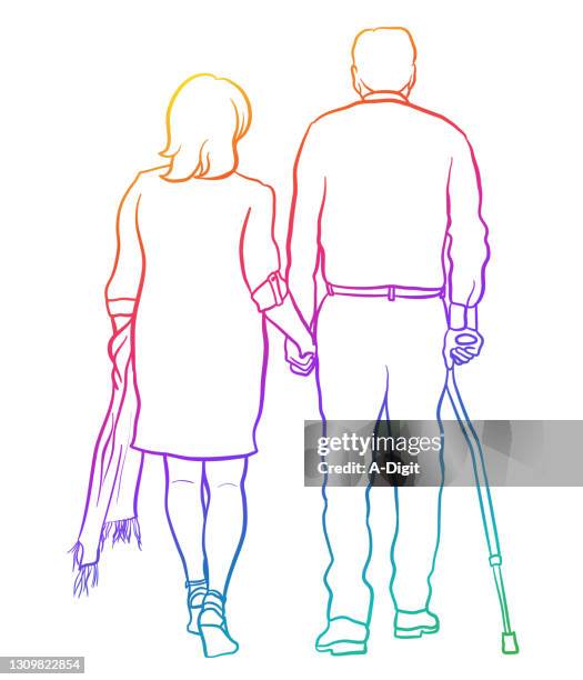 mature and elegant couple rainbow - receive flowers stock illustrations