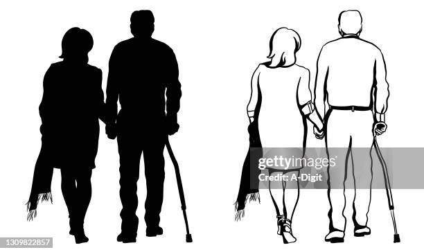 mature and elegant couple silhouette - receive flowers stock illustrations