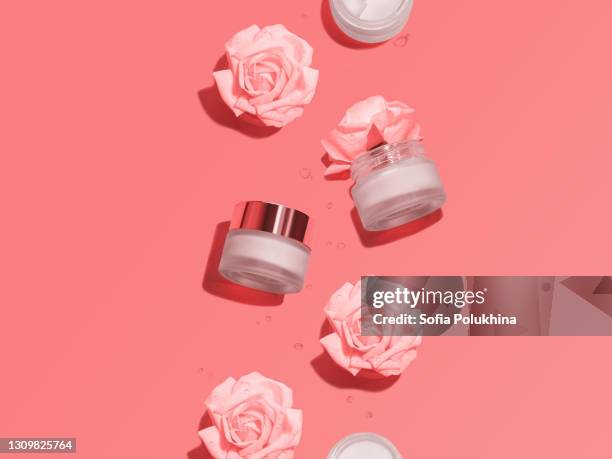 beauty products top view photo in minimal style - sofia rose stock pictures, royalty-free photos & images