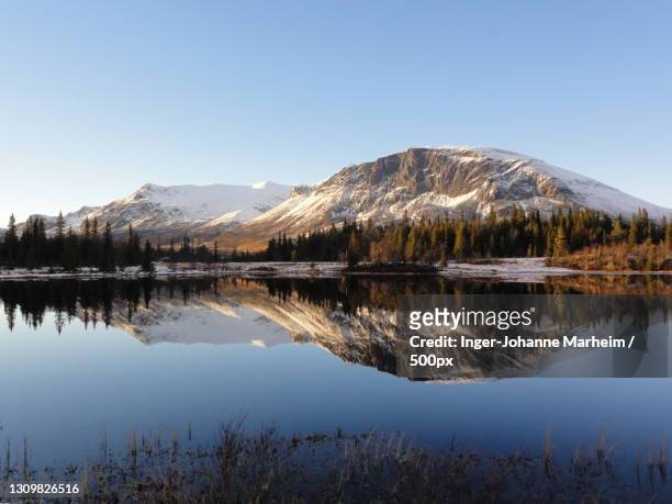 scenic view of lake and mountains against clear sky,hemsedal,buskerud,norway - hemsedal stock pictures, royalty-free photos & images
