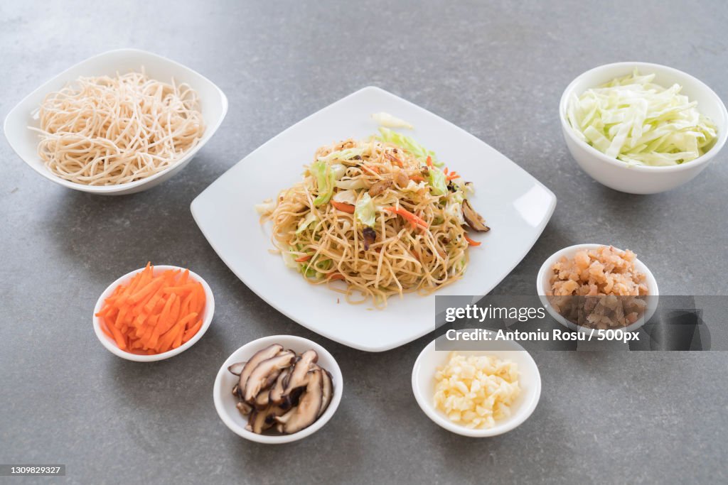 High angle view of various food on table