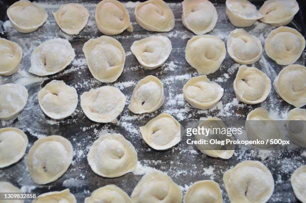 high angle view of dough in baking sheet - oleg prokopenko stock pictures, royalty-free photos & images