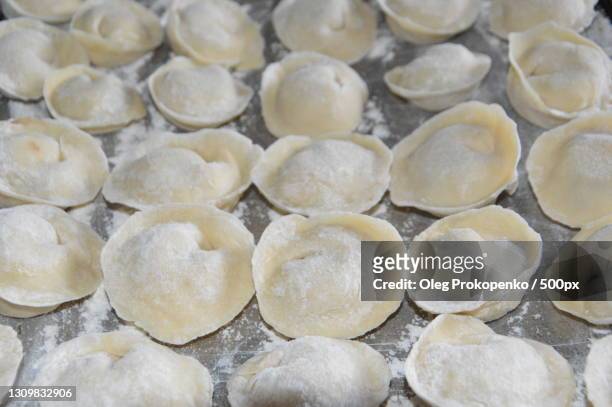 high angle view of dough in baking sheet - oleg prokopenko stock-fotos und bilder