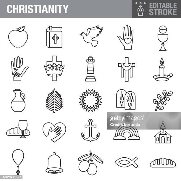 christentum editierbare strich icon set - crown headwear stock-grafiken, -clipart, -cartoons und -symbole
