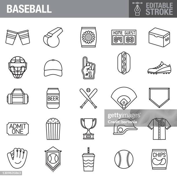 stockillustraties, clipart, cartoons en iconen met honkbal bewerkbare stroke icon set - werper