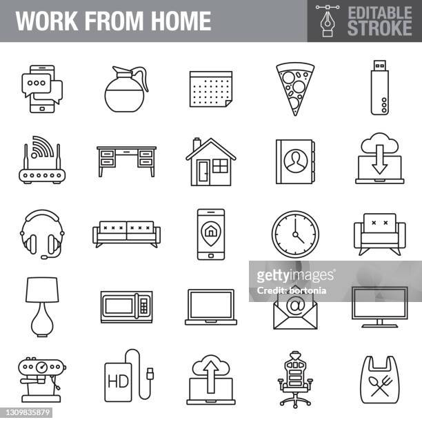 illustrazioni stock, clip art, cartoni animati e icone di tendenza di set di icone del tratto modificabile lavoro da casa - hard drive