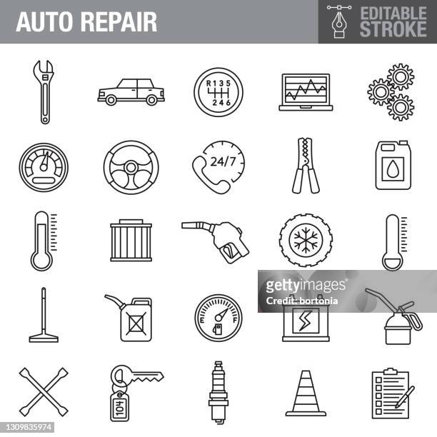 auto repair editable stroke icon set - speedometer stock-grafiken, -clipart, -cartoons und -symbole