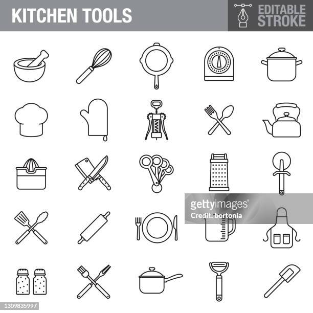 illustrazioni stock, clip art, cartoni animati e icone di tendenza di set di icone tratto modificabile utensili da cucina - cappello da cuoco