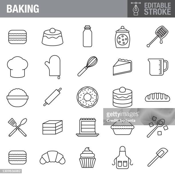 backen editierbarer strich icon set - making a cake stock-grafiken, -clipart, -cartoons und -symbole