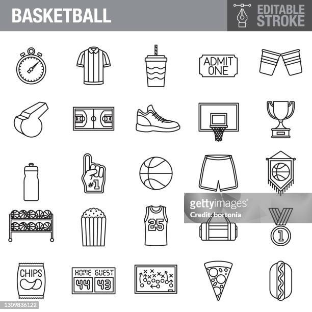 ilustraciones, imágenes clip art, dibujos animados e iconos de stock de conjunto de iconos de trazo editable de baloncesto - lanzar la pelota