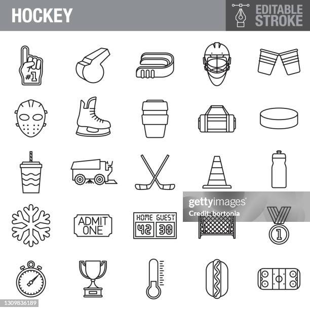 hockey editable stroke icon set - mundschutz stock-grafiken, -clipart, -cartoons und -symbole