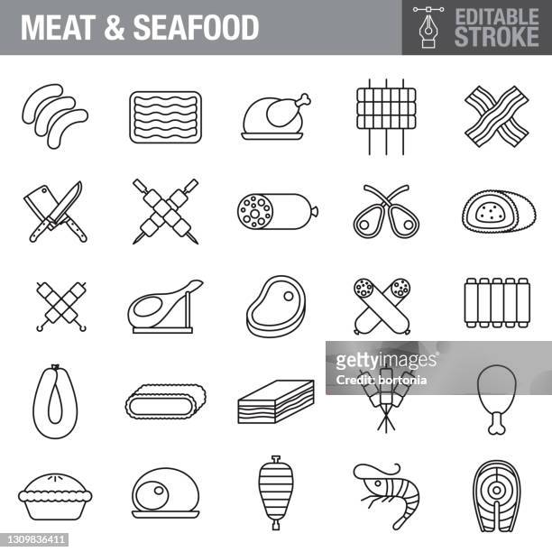 meat & seafood editable stroke icon set - savoury food stock illustrations