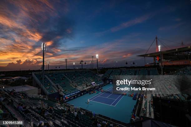 General view of the Grandstand Court during the match between Stefanos Tsitsipas of Greece and Kei Nishikori of Japan during sunset of the men's...