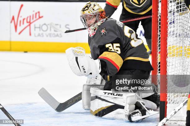 Oscar Dansk of the Vegas Golden Knights warms up prior to a game against the Los Angeles Kings at T-Mobile Arena on March 29, 2021 in Las Vegas,...