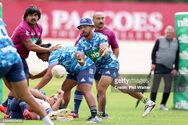 Sam Nock of the Blues during a Blues Super Rugby training session at Alexandra Park on March 30, 2021 in Auckland, New Zealand.