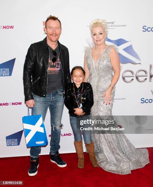 Tony Curran, Beau Curran, and ScotWeek President Cindi McIntosh attend ScotWeek 2021 Opening Red Carpet at Fairmont Miramar - Hotel & Bungalows on...