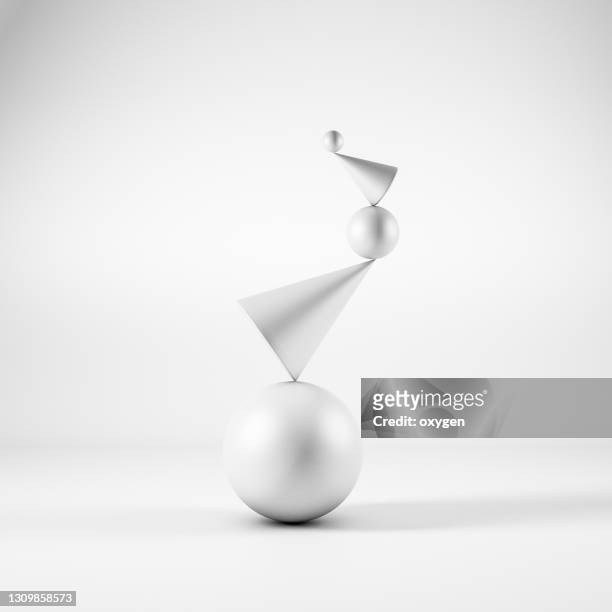 balance abstract geometric sphere cone background. black and white 3d rendering objects shapes. minimalism still life style - weight scale foto e immagini stock