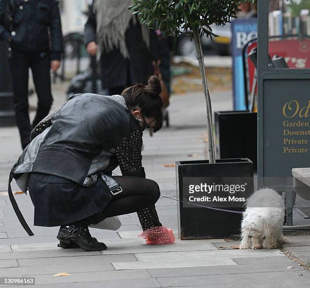 Daisy Lowe picks up dog poo in Primrose Hill on October 31, 2011 in London, England.
