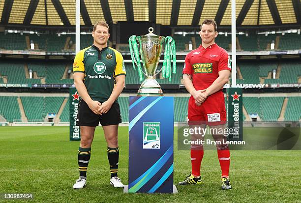 Dylan Hartley of Northampton Saints and Matthew Rees of Scarlets attend the London Calling Heineken Cup Launch at Twickenham Stadium on October 31,...