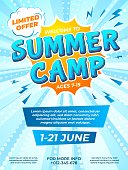Summer camp poster. Child journey, camping comic style flyer. School kids vacation ad brochure design, fun adventures recent vector template
