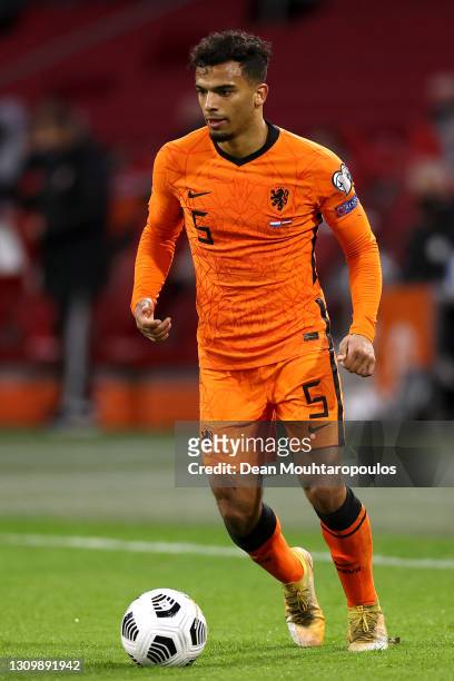 Owen Wijndal of Netherlands in action during the FIFA World Cup 2022 Qatar qualifying match between the Netherlands and Latvia at the Amsterdam Arena...