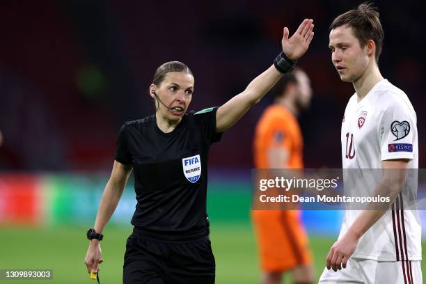 Referee, Stephanie Frappart in action during the FIFA World Cup 2022 Qatar qualifying match between the Netherlands and Latvia at the Amsterdam Arena...