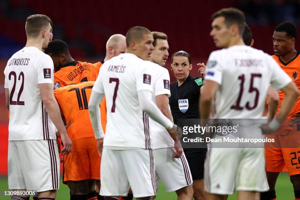 Referee, Stephanie Frappart in action during the FIFA World Cup 2022 Qatar qualifying match between the Netherlands and Latvia at the Amsterdam Arena...