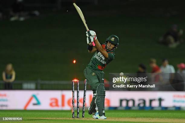 Afif Hossain Dhrubo of Bangladesh is bowled during game two of the International T20 series between New Zealand and Bangladesh at McLean Park on...