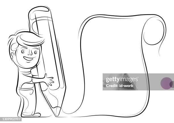 kid holding big pencil and writing note line drawing - children creative writing stock illustrations