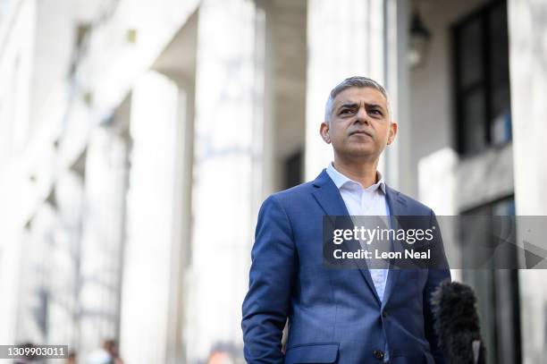 Mayor of London Sadiq Khan speaks with journalists after launching his Mayoral campaign pledge of "Jobs Jobs Jobs" on March 30, 2021 in London,...