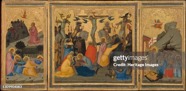 Scenes from the Passion of Christ: The Agony in the Garden, the Crucifixion, and the Descent into Limbo [entire triptych], 1380s. Artist Andrea...
