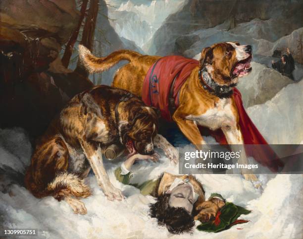 Alpine Mastiffs Reanimating a Distressed Traveler, 1820. Artist Edwin Henry Landseer. .