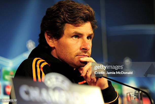 Chelsea Manager Andre Villas Boas listens to a question during a press conference prior to the Champions League Group E match between KRC Genk and...