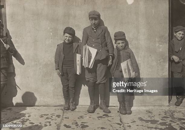 John Pento, 14 years old, Daniel and Angelo Pento, 7 years old, selling newspapers, Hartford, Connecticut, 3348. Artist Lewis Wickes Hine. .