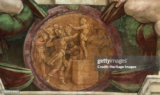 Medallion represents the Destruction of the Statue of the God Baal , 1508-1512. Found in the collection of The Sistine Chapel, Vatican. Artist...