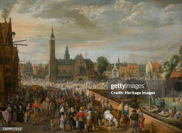 View of the Grote Markt in Lier, Early 17th cen. Found in the collection of Stedelijk Museum Wuyts-Van Campen en Baron Caroly, Lier. Artist Momper,...