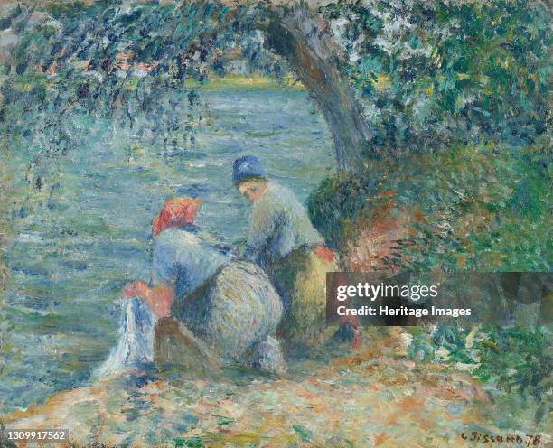 Washerwomen at the water's edge, Pontoise, 1878. Private Collection. Artist Pissarro, Camille . .