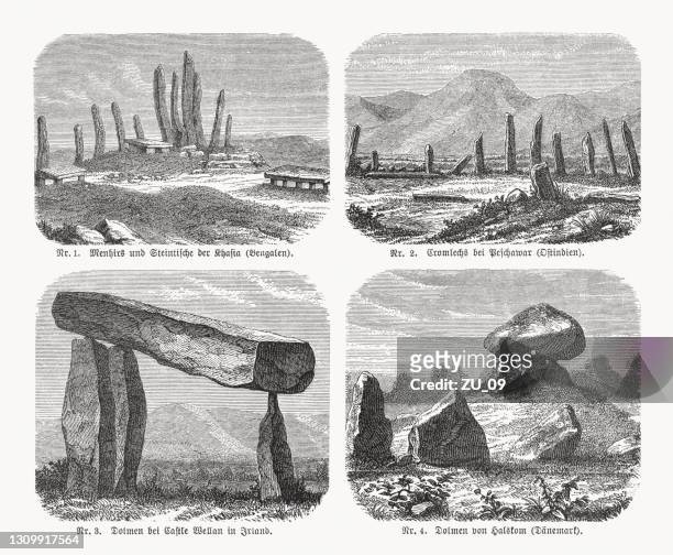 dolmen, wood engravings, published in 1893 - stone age stock illustrations