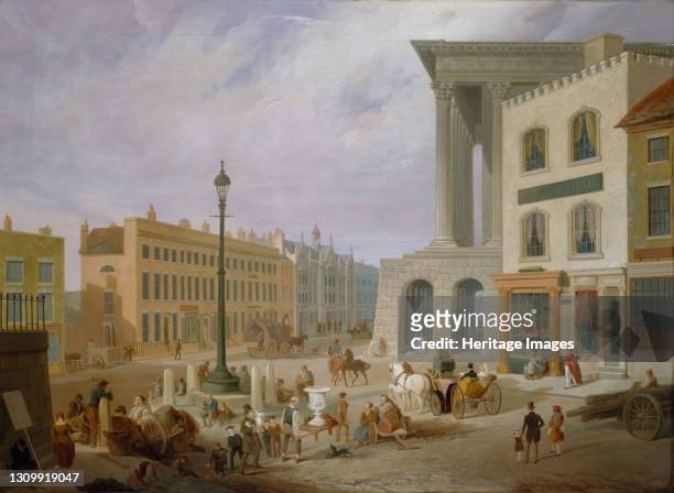 Birmingham Town Hall and Queen's College. The foreground of this painting is now Victoria Square, Birmingham. The pillars of the Town Hall protrude...