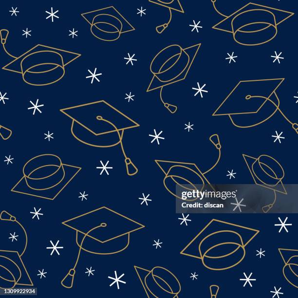 ilustraciones, imágenes clip art, dibujos animados e iconos de stock de patrón sin costuras de la gorra de graduación. - graduación