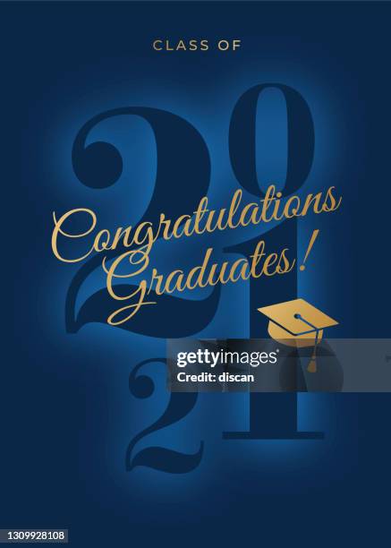 2021 class - congratulations graduates card. for invitation, banner, poster, postcard. vector illustration. - varsity jacket stock illustrations
