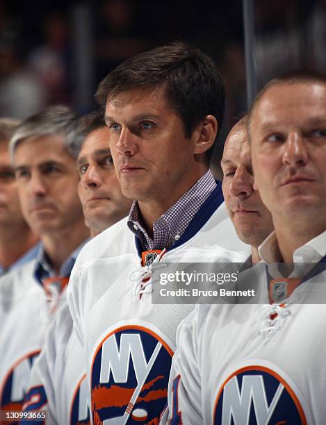 Vladimir Malakhov returns to the ice as the New York Islanders celebrate their 1992-1993 team prior to the game against the San Jose Sharks Nassau...