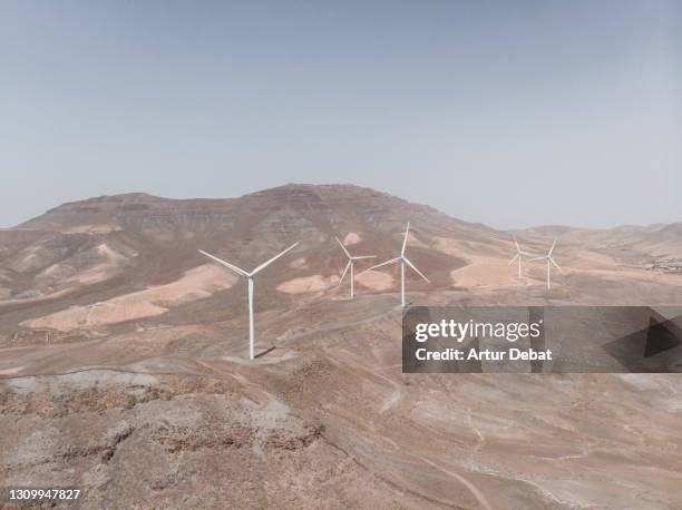 drone view of wind turbine group in the desert landscape of fuerteventura island with sunny day. energia eolica a vista de dron en la isla de fuerteventura. spain. - energia eolica 個照片及圖片檔