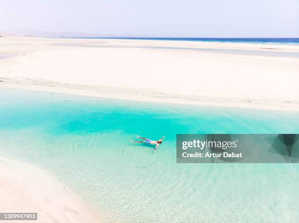 drone view of a guy floating in the turquoise lagoons in the paradise beach of fuerteventura island. spain. flotando a vista de dron en las lagunas de la playa de sotavento en fuerteventura. - en la playa ストックフォトと画像