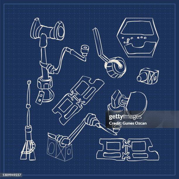 ilustraciones, imágenes clip art, dibujos animados e iconos de stock de boceto de piezas de mars rover - space doodles blueprint - mer