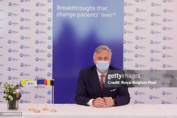 King Philippe of Belgium visits the Pfizer-BioNTech vaccine production site on March 30, 2021 in Puurs, Belgium. The pharmaceutical group Pfizer is...