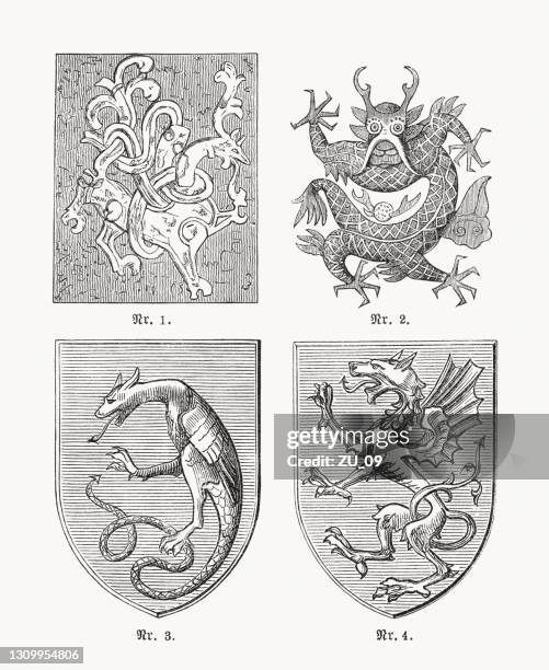 heraldic dragon motifs, wood engravings, published in 1893 - medieval stock illustrations stock illustrations