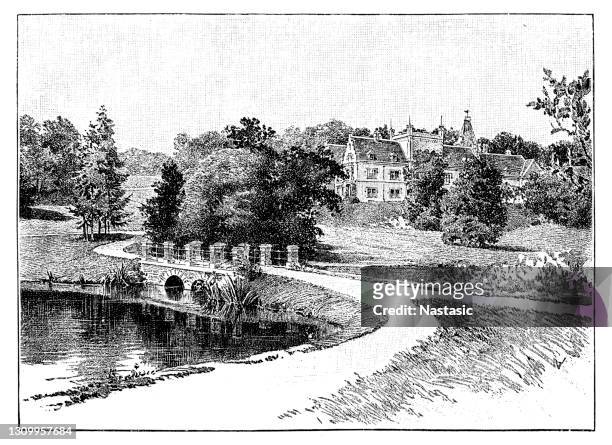 mikosdpuszta is the former family estate and mansion of the mikos family near mikosszéplak village, in vas county, hungary - etching stock illustrations