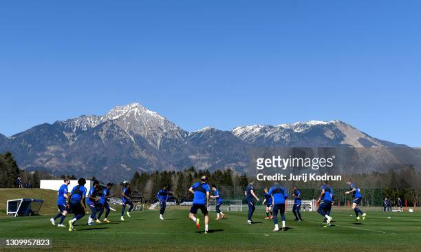 Players of England warm up during an England Under-21 Training Session at NNC Brdo on March 30, 2021 in Kranj, Slovenia.